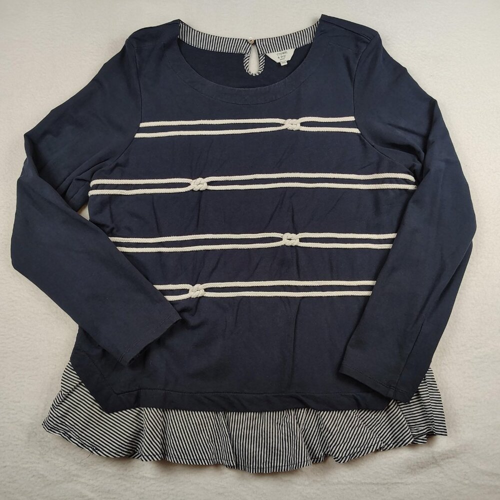 Crown & Ivy Nautical Shirt Womens Petite XL Navy Striped Ruffled - Picture 1 of 7